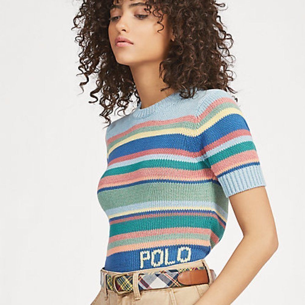 Polo Ralph Lauren Sky Blue Sun Bleached Multi Stripe Short Sleeve Sweater